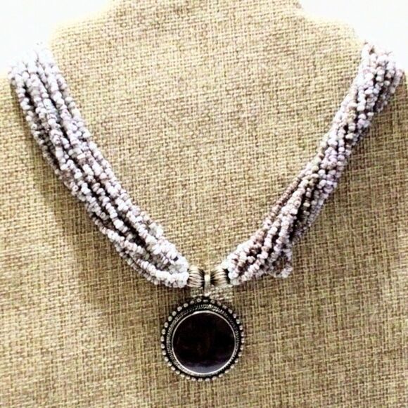 Lavender Seed Bead Multi Strand Necklace with Purple Enamel Pendant - Picture 3 of 5